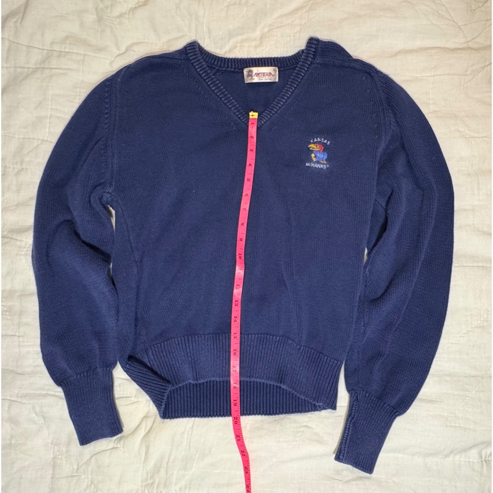 Vintage Antigua Kansas Jayhawks V-Neck Sweater Blue Cotton Made in USA Mens S